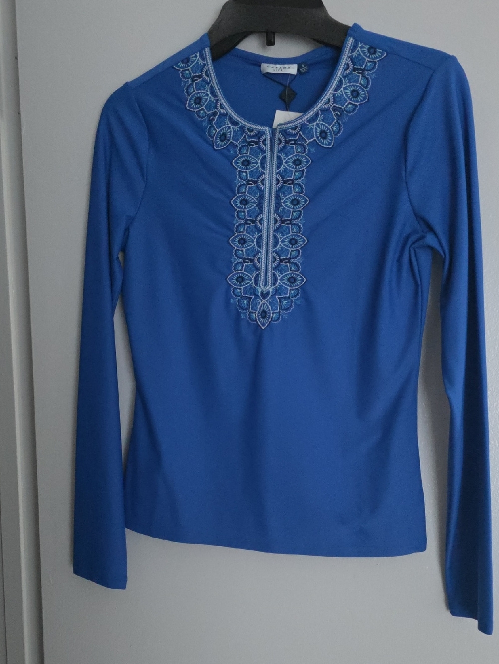 Cabana Life NWT Royal Blue Long-Sleeve Zipper Embroidered Neck Top Women's Sz Sm
